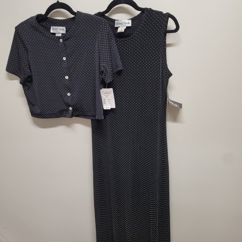 Ronni Nicole Petite Polka Dot Maxi Dress and Jacket 2pc Set Black White 10P - Picture 2 of 9